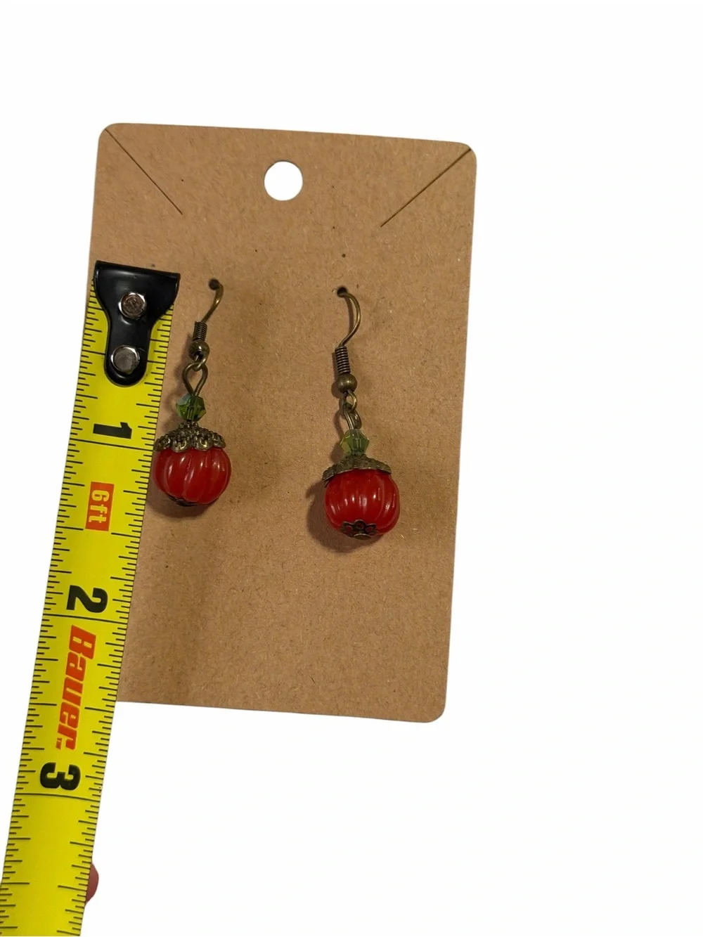 Vintage Inspired Red Pumpkin Drop Earrings Antique Gold Tone Green Accent Bead